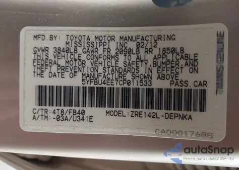 2012 Toyota Corolla Le from USA, damaged, VIN 5YFBU4EE7CP011533